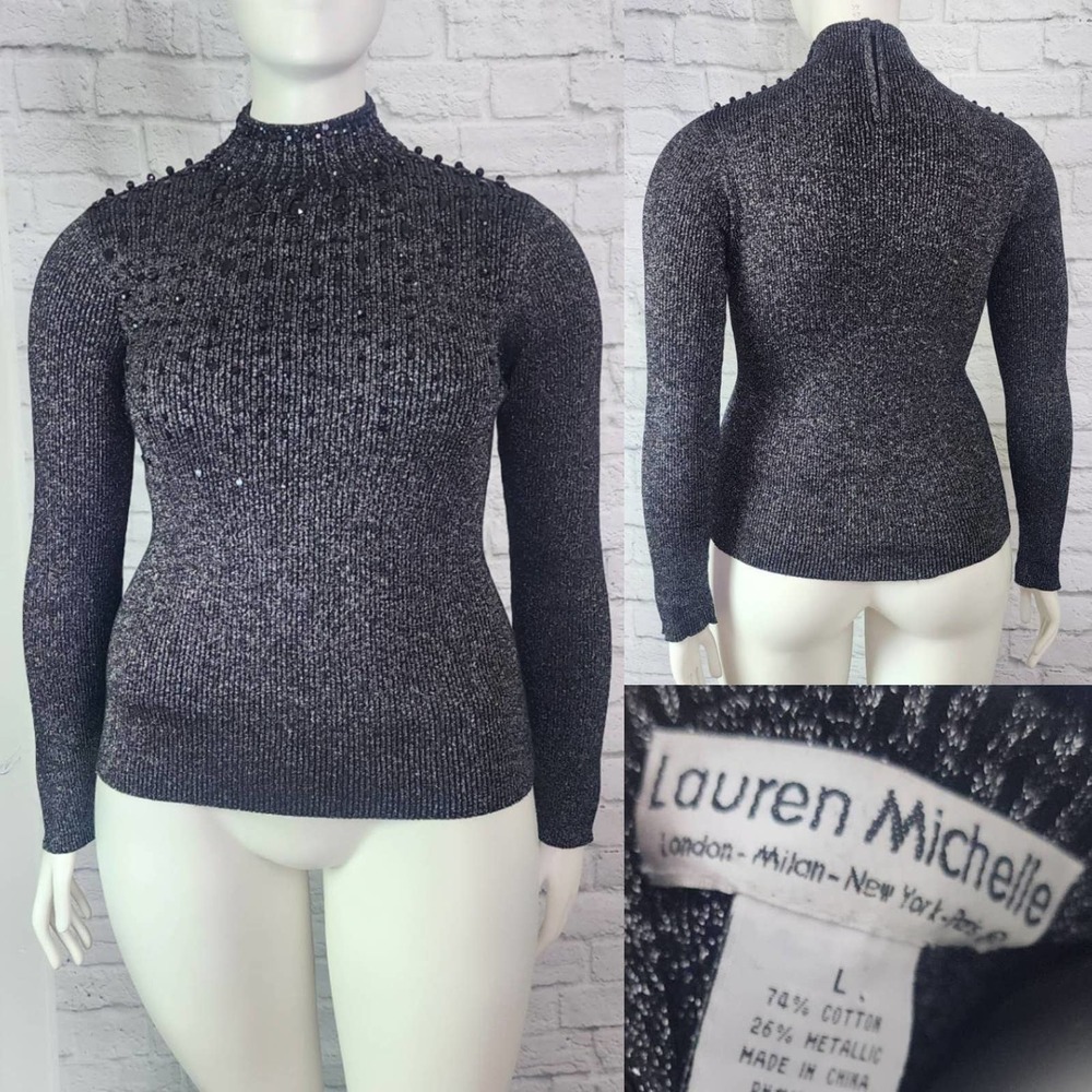 00s 90s Metallic Silver black beaded ribbed turtle neck Sweater size Large
